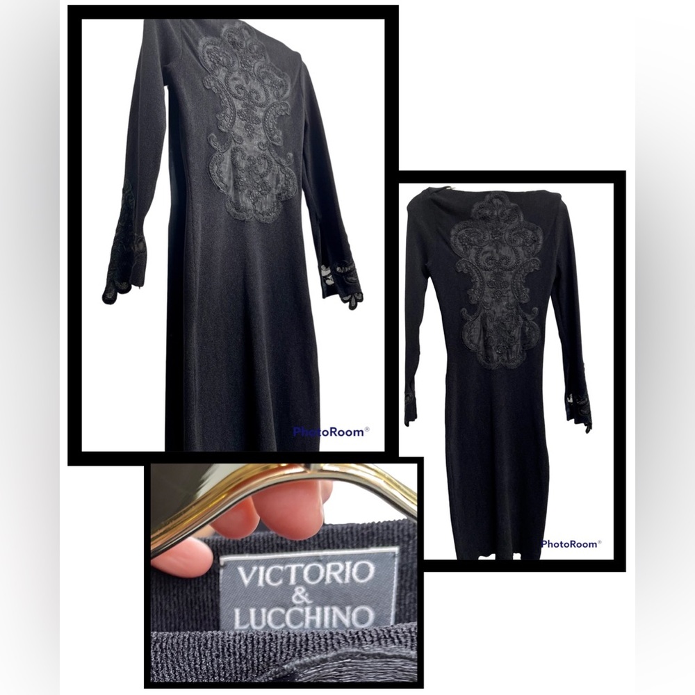 Vintage Dress 90s BodyCon Midi Embroidery Applique Victorio & Lucchino Designer